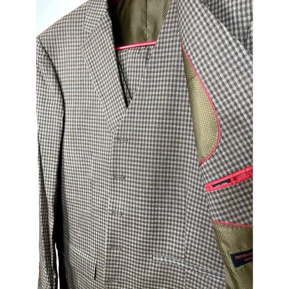 MAZARI Men's Taupe 3PC Modern Fit Gingham Check Paris Vested Suit 50R Pants 44 W - Picture 6 of 9
